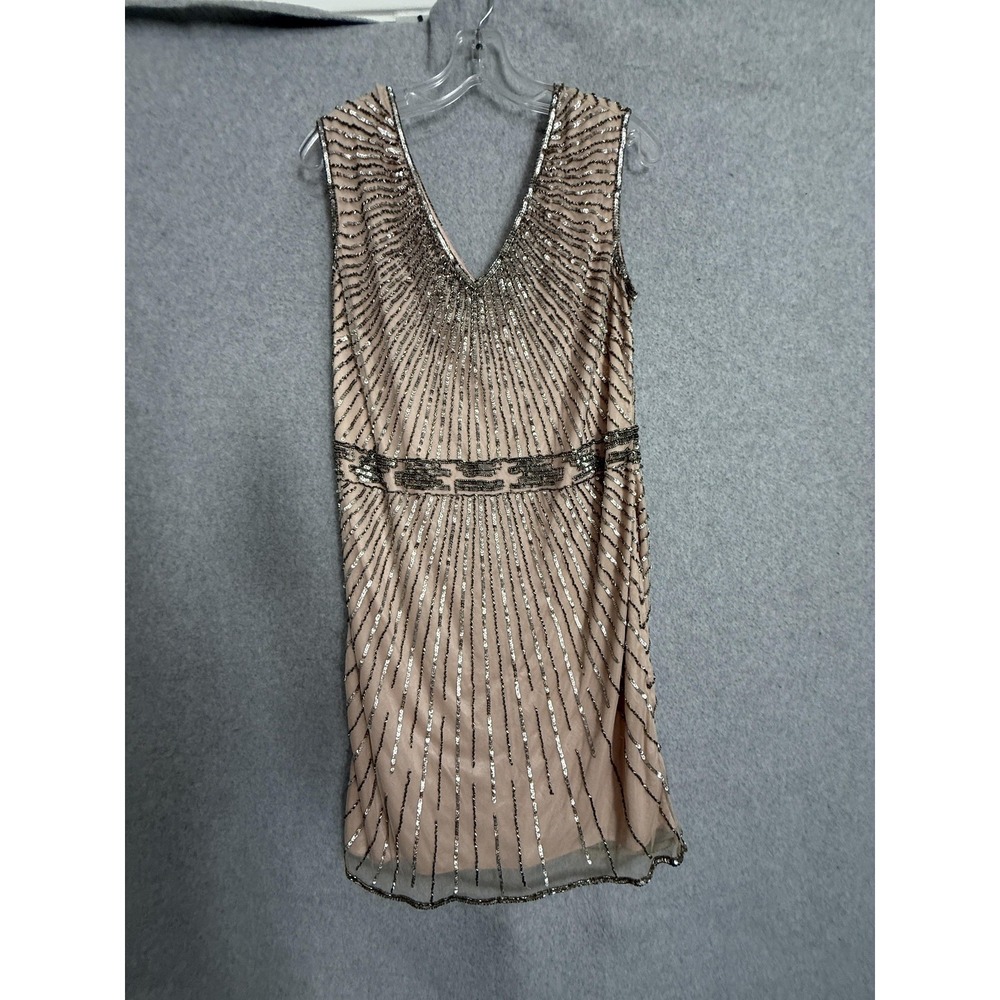 Art Deco Sequin Dress Womens M Beige‎ V Neck Shift Gatsby 20s Party Cocktail